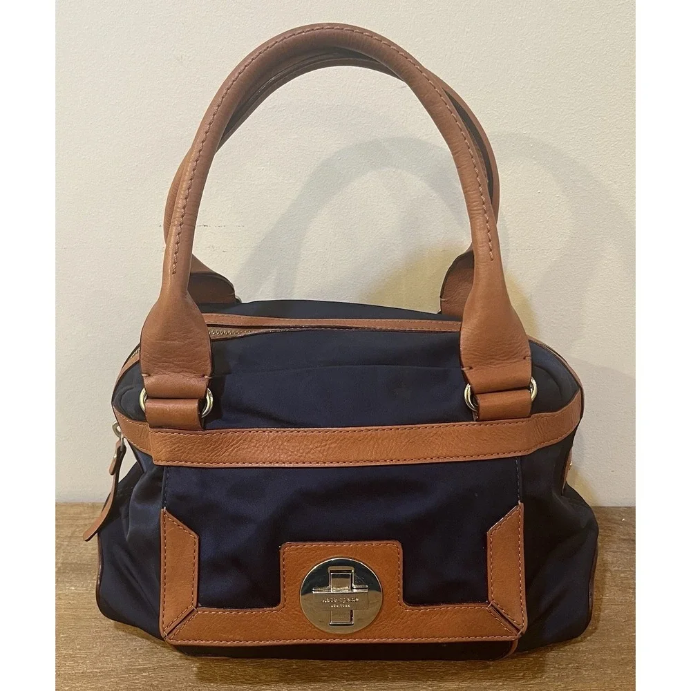 Kate Spade NY Navy Nylon Satchel Brown‎ Leather Trim Mini Bowler Top Handle Bag